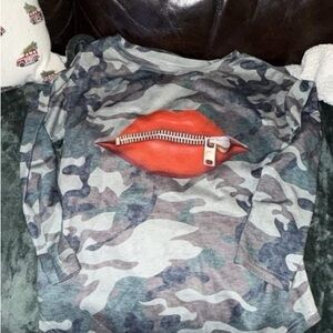 Camouflage Long Sleeve Top with Red Lips Design